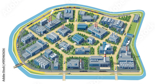 Aerial View of Industrial Island with Factories and Infrastructure.