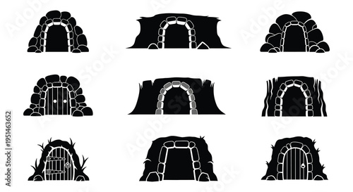 Nine black silhouettes of stone archways and doorways featuring varying designs and detailing creating a unique pattern silhouette high quality professional