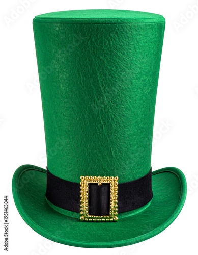 Green felt leprechaun hat w/ black band & golden buckle, isolated on white