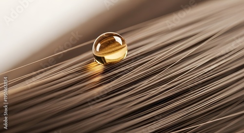A single drop of golden oil on a strand of brown hair with a blurred background