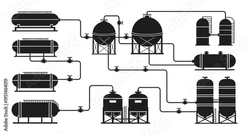 Complex Industrial Plant Silhouette with Tanks and Piping System.