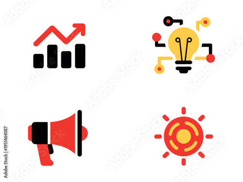 Stock market icons with graphs light bulb megaphone and gear in flat vector illustration design