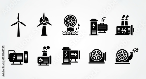 Collection of Renewable Energy Source Icons in Silhouette Style.