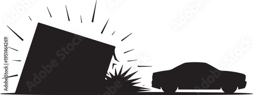 Black silhouette car crashing into wall with motion lines