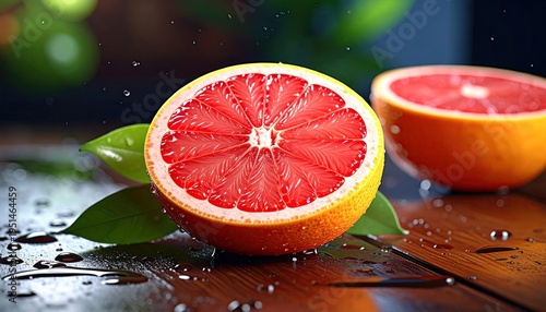 Vibrant grapefruit half displaying juicy red pulp highlighted by natural light on a wet wooden surface for fresh healthy eating promotion
