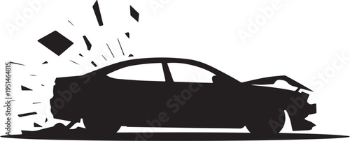 Black silhouette crashed car with debris vehicle accident