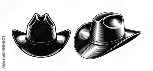 Western Cowboy Hat Illustration, Classic Stetson Style Cowboy Hat Monochrome Illustration, Realistic Western Hat Illustration
