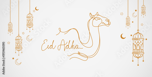 Eid Al Adha banner with minimalist gold line camel illustration and hanging lanterns on white background