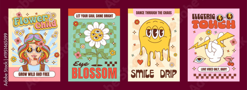Retro groovy hippie characters posters with melting smile emoji drip and daisy flowers, vector psychedelic art. Y2K groovy posters with hippie girl in sunglasses and rainbow hair with good vibe quotes
