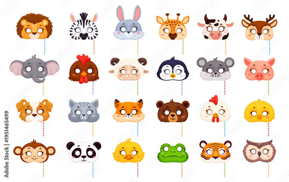 Fototapeta premium Cartoon carnival party animal and bird masks for festive masquerade, vector props. Carnival animal masks with circular eye cutouts and stripe sticks, funny lion, cat and bunny or panda and tiger masks