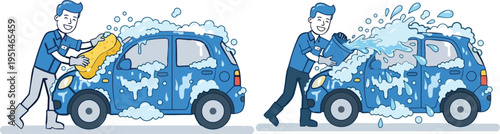Web Man washing blue car with sponge and bucket, car detailing service vector illustration set