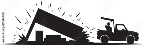 Black silhouette forklift dumping boxes with motion lines