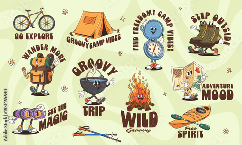 Funky y2k groovy travel and camping stickers. Vector camping characters as a compass, hiking boots, backpack, cooking pot, map, campfire and binoculars for camping promotion or tourist souvenir