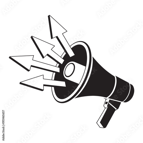 Megaphone illustration, monochrome, emitting arrows, communication concept, marketing, outreach, announcement, social media, message, broadcasting, information symbol