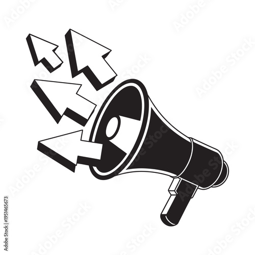 Megaphone illustration, black and white, arrows flying out, symbolizing communication, promotion, social media, marketing, messaging, announcement, broadcast