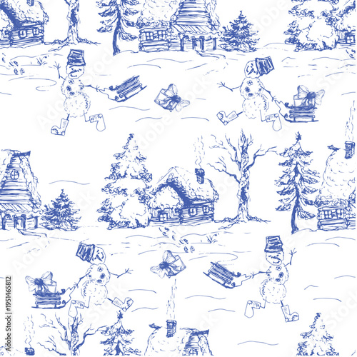 Blue toile de Jouy winter landscape with cottage, snowman, trees, engraved Christmas pattern.