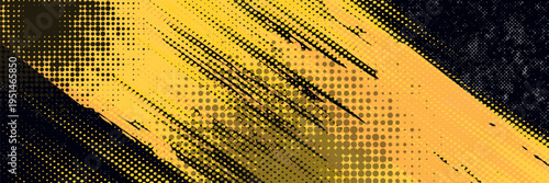 Black and yellow abstract background with brush stroke and halftone style. abstract grunge