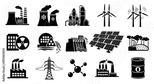 Illustrations of Various Energy Sources and Industrial Facilities in Black and White.