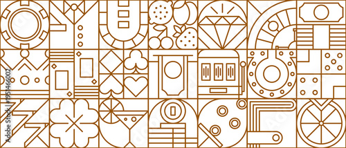 Abstract geometric casino pattern. Modern vector seamless pattern with classic casino symbols. Cards, dice, money, crown, cocktail, wallet, clover, chips, and suits for gaming backgrounds