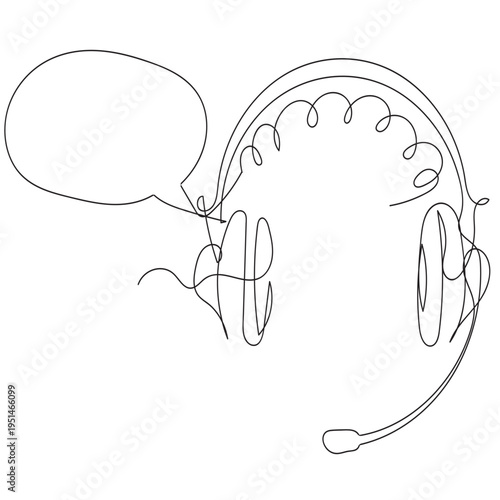 Continuous line art illustration of customer support headset with speech bubble. Minimalist outline drawing representing call center service, online communication, help desk, and technical support con