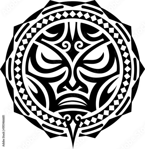 Maori sun face medallion warrior graphic black tattoo or print. Polynesian tribe black tattoo, Maori tribal graphic print. Samoan ethnic abstract decoration