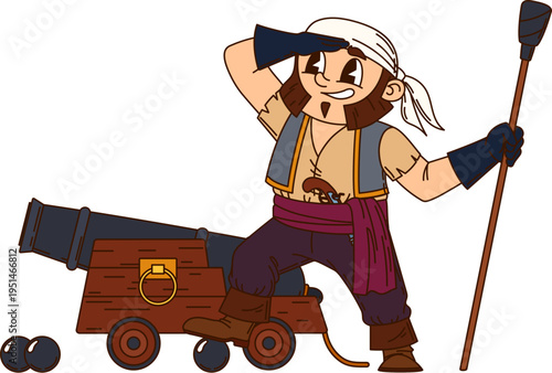 Corsair pirate gunner cartoon cheerful character. Privateer boatswain funny character, pirate fighter happy vector personage. Corsair loading cannonballs, aiming cannon and looking in distance