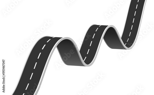 3d winding asphalt road, long pathway route and highway track, curve map road. Isolated vector realistic speedway element. Transport lane with dotted line mark. Travel and transportation road symbol