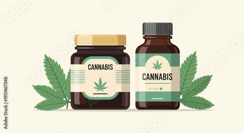 Two medicinal cannabis jars with cannabis leaves on a neutral background, representing natural medicine and wellness