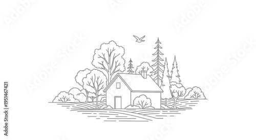 Charming countryside home with trees and a bird detailed line art silhouette