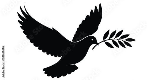 A black dove in flight carrying an olive branch a peaceful silhouette
