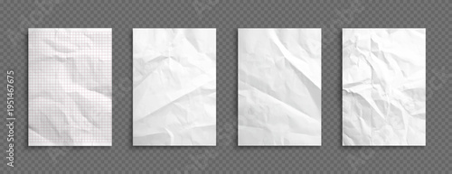 Crumpled paper and school notebook sheets with wrinkled texture, realistic vector. Graph paper or squared copybook pages with crumples and folds on white blank background for posters or documents