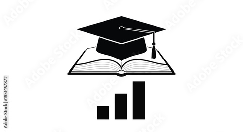 Graduation cap atop an open book with growth chart a black silhouette