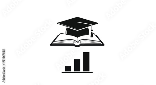Graduation cap open book and chart displayed in a stark silhouette