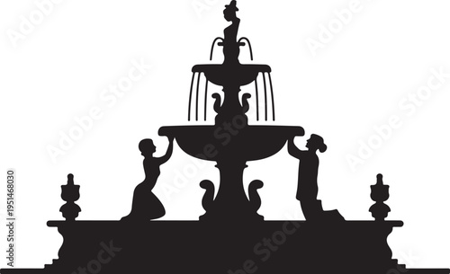 Black silhouette of a fountain with people and swans