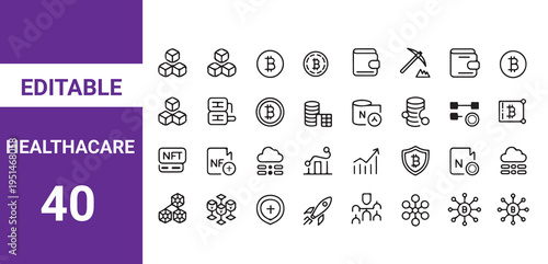 Containing medicine, hospital, doctor, nurse, ambulance, medical, treatment, pills, mental care and more. Editable line icons.