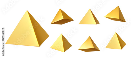 3d golden pyramids vector set of different angle views. Isolated realistic vector glossy geometric shapes with metallic surface, light reflections representing abstract forms and luxury value figures