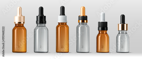 Dropper glass bottle mockups with pipette standing in a row. Realistic 3d vector transparent and amber glass pipette vials for oil, skincare cosmetics, serum, medicine solutions packaging presentation