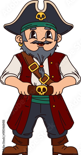 Happy smiling old corsair pirate cartoon cute character. Corsair pirate cheerful mascot, filibuster bandit or sailor vector character with grey beard, wearing tricorn hat and belt with human skull