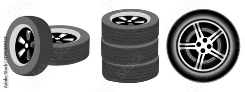 Barricade of tires paintball icon vector illustration. automobile rubber tires. realistic isolated set of tires in different positions. Editable stroke.