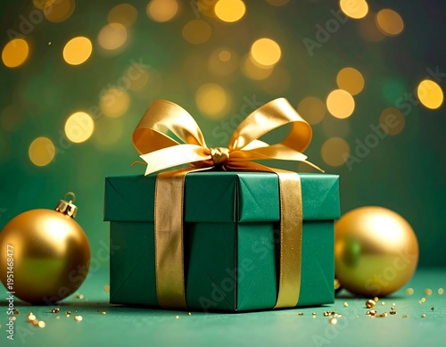 Green gift box with golden ribbon, bokeh lights, and golden ornaments
