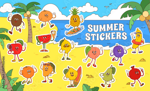 Cartoon groovy tropical fruit characters at summer beach holidays, vector stickers. Funny groovy tropical fruit characters at sea, funky pineapple on surfboard with banana and papaya in sunglasses