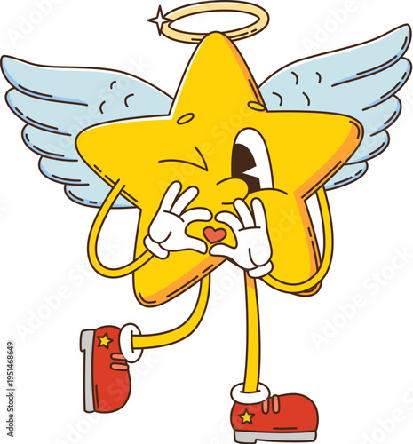 Cartoon groovy star character with angel wings and glowing halo. Funky vector mascot in red sneakers playfully winking and forming heart shape with its hands. Trippy personage for Valentine's graphic