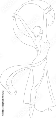 Minimalist line art of a dancing woman. Elegant girl dancer with flowing scarf vector illustration