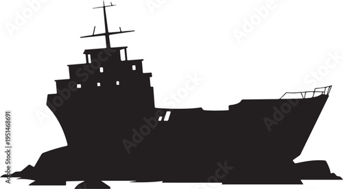 Black silhouette of a ship on rocks boat vessel