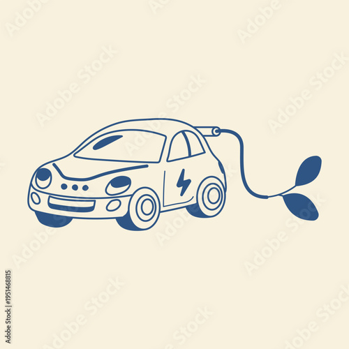Cute electric car with charging cable doodle vector illustration green transport