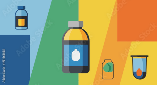 Modern Flat Design Science & Medical Illustration: Colorful Lab Bottles, Vials, and Test Tubes for Chemical Research and Pharmaceutical Concepts