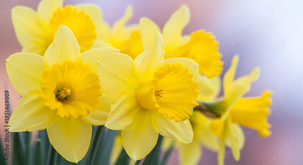 Fototapeta premium Vibrant yellow daffodils in full bloom, showcasing their delicate petals and bright centers, a classic symbol of spring and joy