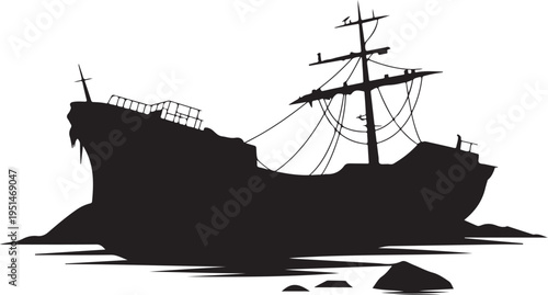 Black silhouette of a shipwreck on rocks water