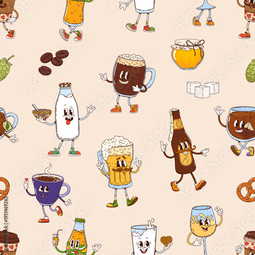 Groovy drink characters seamless pattern background. Retro vector pattern featuring milk bottle, cereal bowl, beer mug, soda bottle, honey jar, coffee cup, tea cup, sugar cubes, and hop cone for menu