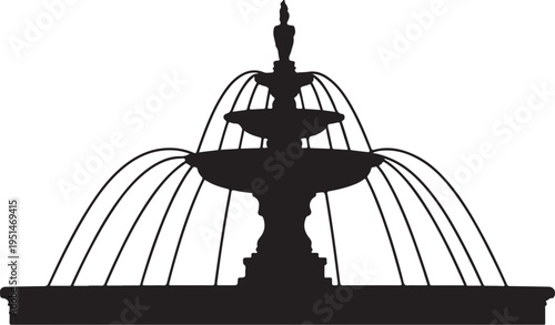 Black silhouette of a three tiered fountain with a statue